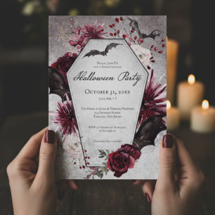 Rustic Burgundy & Black Coffin Halloween fest Inbjudningar