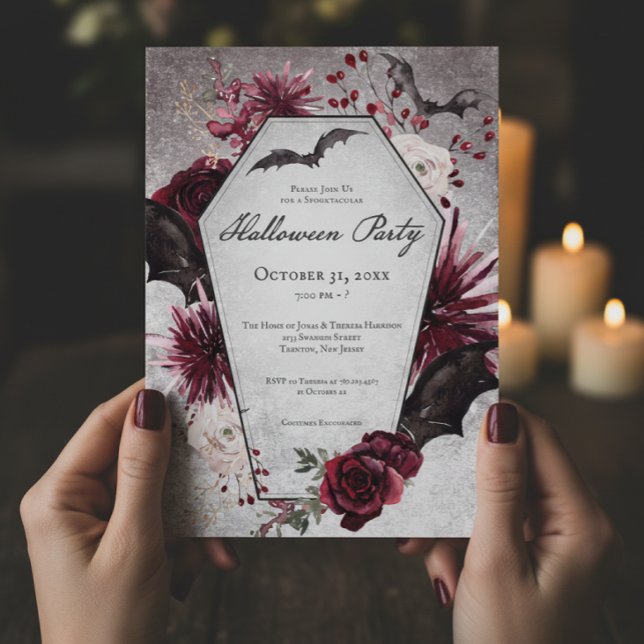 Rustic Burgundy & Black Coffin Halloween fest Inbjudningar (Skapare uppladdad)