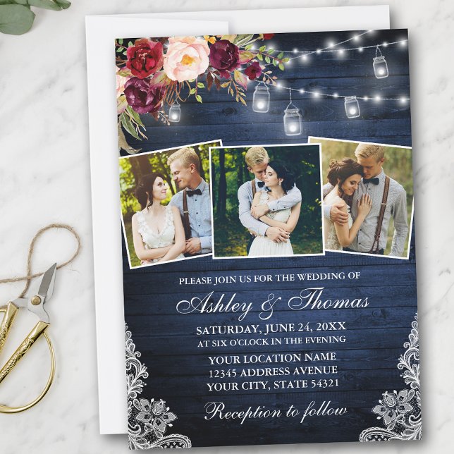 Rustic Burgundy Blommigt 3 Photo Burk Ljus Bröllop Inbjudningar (Customize to add more text or more photos to back of card.)