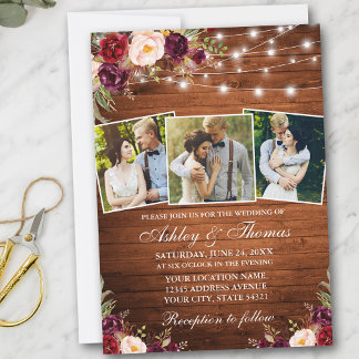 Rustic Burgundy Blommigt 3 Photo Wood Ljus Bröllop Inbjudningar