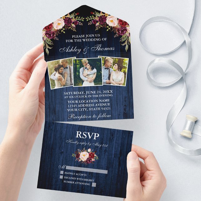 Rustic Burgundy Blommigt Blue Wood 3 Photo Bröllop (All In One Wedding Invitation with tear off RSVP Card)