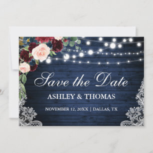 Rustic Burgundy Blommigt Blue Wood Save Date Spara Datumet