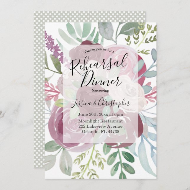 Rustic Burgundy Blommigt Bröllop Rehearsal Middag Inbjudningar (Fram/baksida)