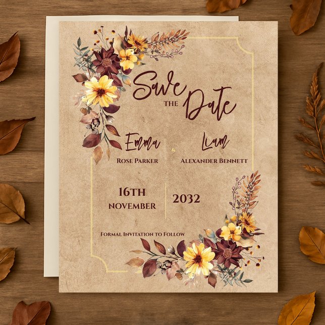 Rustic Burgundy Blommigt Fallbröllop Spara datum (Rustic Burgundy Floral Fall Wedding Save the Date)