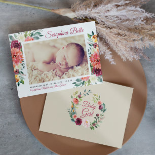 Rustic Burgundy Blommigt Flicka Photo Birth Meddelande