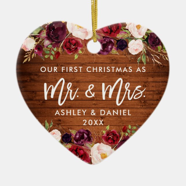 Rustic Burgundy Blommigt Första jul Bröllop Julgransprydnad Keramik (Framsidan)
