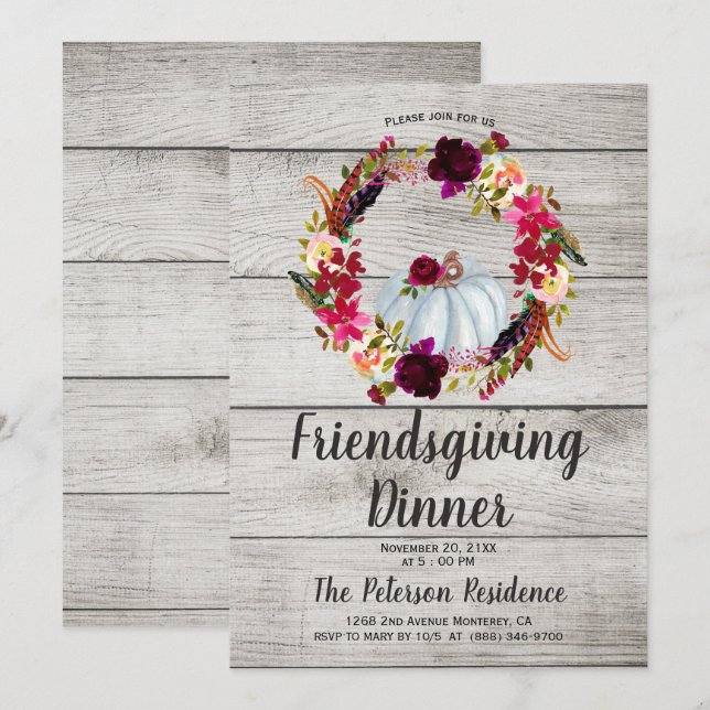 Rustic Burgundy Blommigt Friendsgiving-inbjudan Inbjudningar (Fram/baksida)