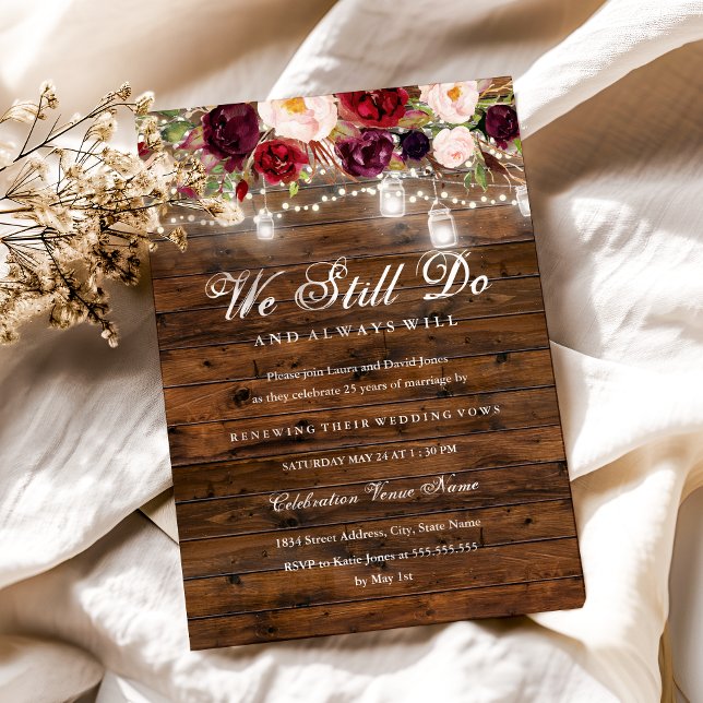 Rustic Burgundy Blommigt Ljus Bröllop Vow Renewal Inbjudningar (Skapare uppladdad)