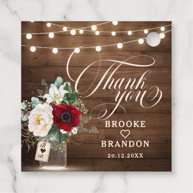 Rustic Burgundy Blommigt Mason Burk Bröllop Gåvor Etiketter (Baksida)