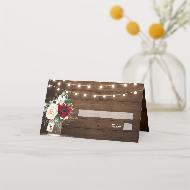 Rustic Burgundy Blommigt Mason Burk Bröllop Placeringskort (Framsida)