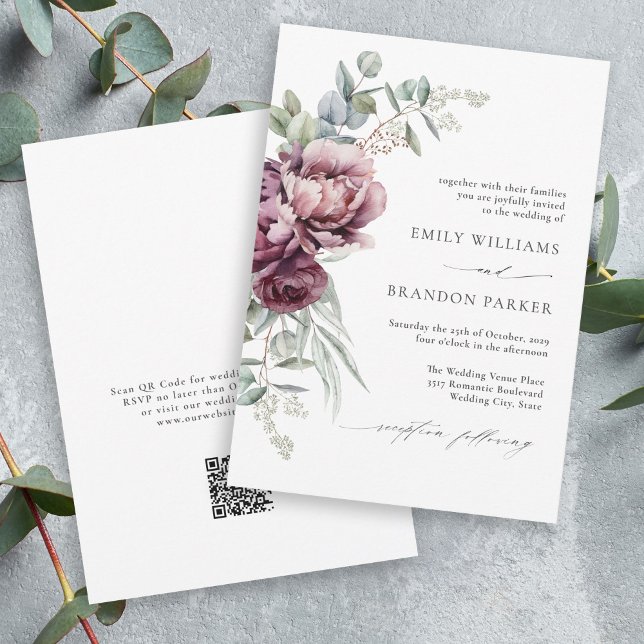 Rustic Burgundy Blommigt QR-kod för bröllop Inbjudningar (Available in both printed and instant download digital formats.)