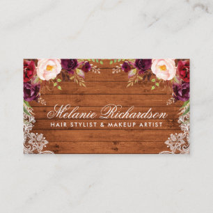 Rustic Burgundy Blommigt Snöre Wood Affärskort Tidsbeställning Kort