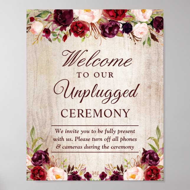 Rustic Burgundy Blommigt Unplugged Bröllop Ceremon Poster (Framsidan)