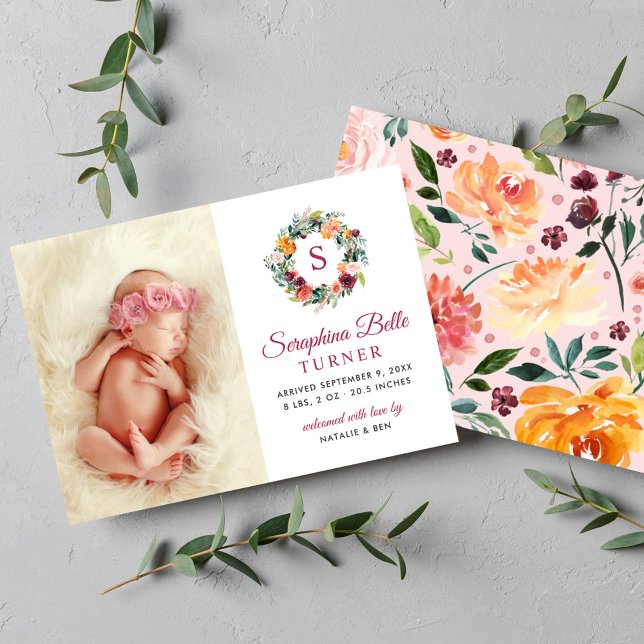 Rustic Burgundy Blommigt Utandning Monogram Fotofö Meddelande (Skapare uppladdad)