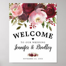 Rustic Burgundy  Blommigt Välkommen Bröllop Poster