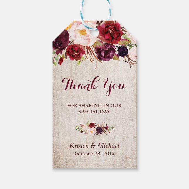 Rustic Burgundy Blommigt Wedding Favor Tack Presentetikett (Framsidan)