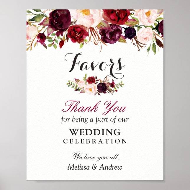 Rustic Burgundy Blommigt Wedding Favors Tack Poster (Framsidan)