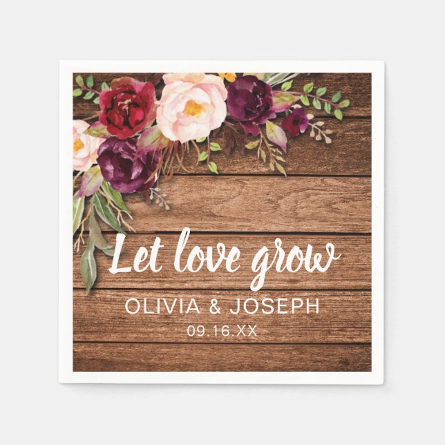 Rustic Burgundy Blommigt Wood Wedding Favor Papper Pappersservett (Framsidan)
