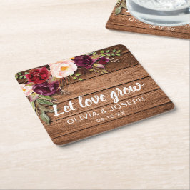Rustic Burgundy Blommigt Wood Wedding Favor Underlägg Papper Kvadrat