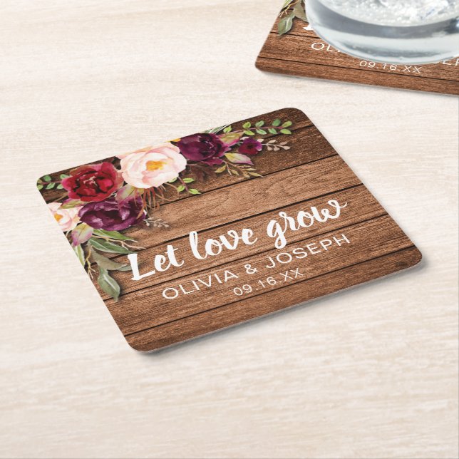 Rustic Burgundy Blommigt Wood Wedding Favor Underlägg Papper Kvadrat (Vinklad)