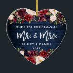 Rustic Burgundy-Blommigten Första julblått Julgransprydnad Keramik<br><div class="desc">Rustic Blue Wood,  Modern Brush Script,  Watercolor Burgundy Marsala Blommigt,  Vår första jul som mr och Heart Bröllop Ornament</div>