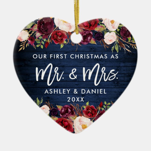 Rustic Burgundy-Blommigten Första julblått Julgransprydnad Keramik (Framsidan)