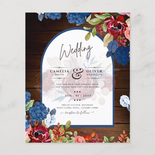 Rustic Burgundy Blue Blommigt Bröllop (Framsida)