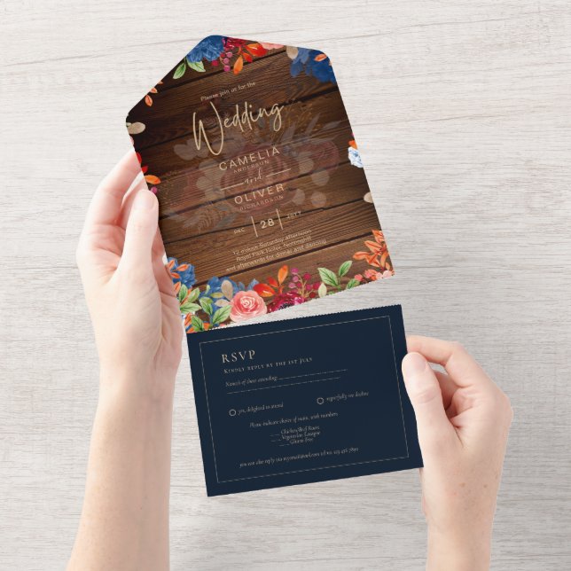 Rustic Burgundy Blue Blommigt Bröllop (Avrivbar del)