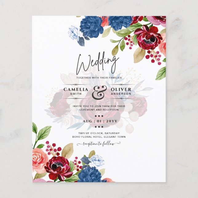 Rustic Burgundy Blue Blommigt Bröllop Flygblad (Framsidan)