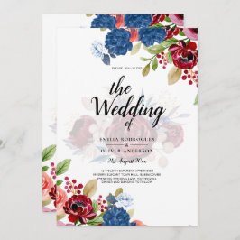 Rustic Burgundy Blue Blommigt Bröllop Inbjudningar