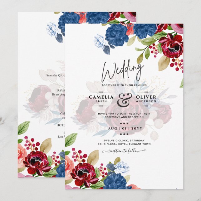 Rustic Burgundy Blue Blommigt Bröllop Inbjudningar (Fram/baksida)