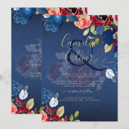 Rustic Burgundy Blue Blommigt Bröllop Inbjudningar