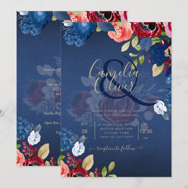 Rustic Burgundy Blue Blommigt Bröllop Inbjudningar (Fram/baksida)