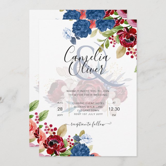 Rustic Burgundy Blue Blommigt Bröllop Inbjudningar (Fram/baksida)