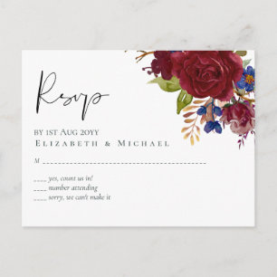 Rustic Burgundy Blue Blommigt Bröllop OSA Vykort