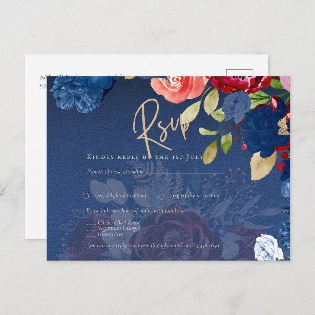 Rustic Burgundy Blue Blommigt Bröllop OSA Vykort (Fram/baksida)