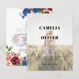 Rustic Burgundy Blue Blommigt Bröllop PHOTO INBJUD