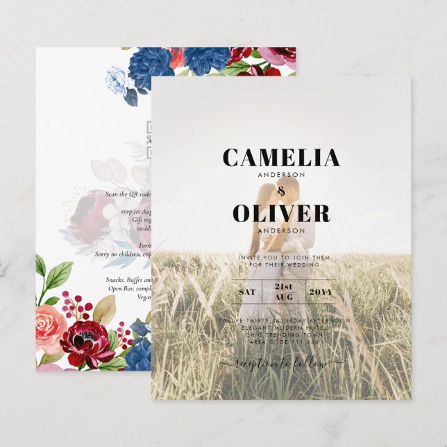 Rustic Burgundy Blue Blommigt Bröllop PHOTO INBJUD (Fram/baksida)