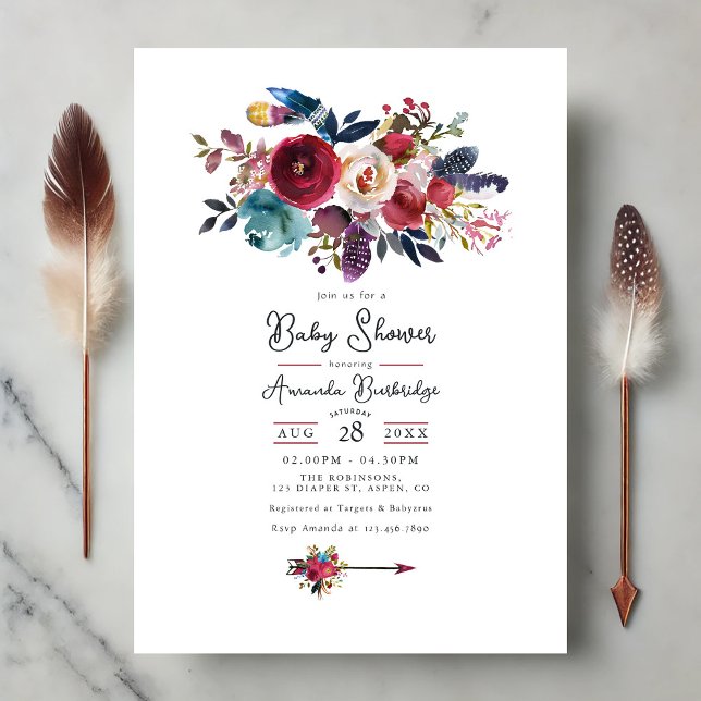 Rustic Burgundy Boho Blommigt Baby Shower Inbjudningar (Rustic Burgundy Boho Floral Baby Shower Invitation)