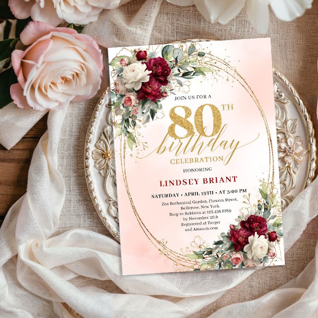 Rustic Burgundy Boho Flowers 80th Birthday Invites Inbjudningar (Rustic Burgundy Boho Flowers 80th Birthday Invitation)
