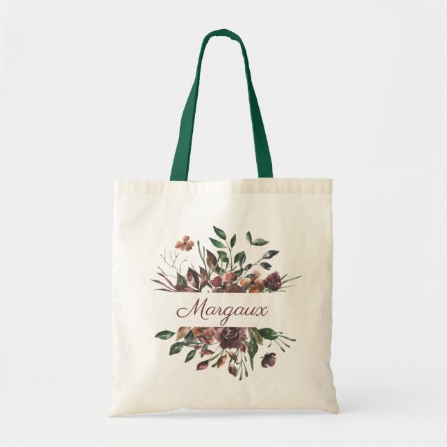 Rustic Burgundy Botanical Bouquet Monogram Tygkasse (Framsidan)