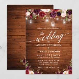 Rustic Burgundy Burk Ljus Calligraphy Bröllop Inbjudningar