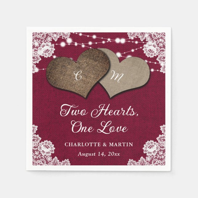 Rustic Burgundy Burlap Snöre String Ljus Bröllop Pappersservett (Framsidan)