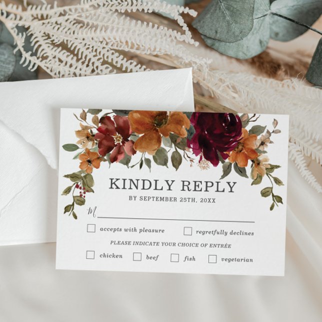 Rustic Burgundy Burnt Orange Blommigt Bröllop Meal OSA Kort (rustic-elegant-burgundy-burnt-orange-floral-autumn-fall-wedding-rsvp-response-reply-cards-printed)