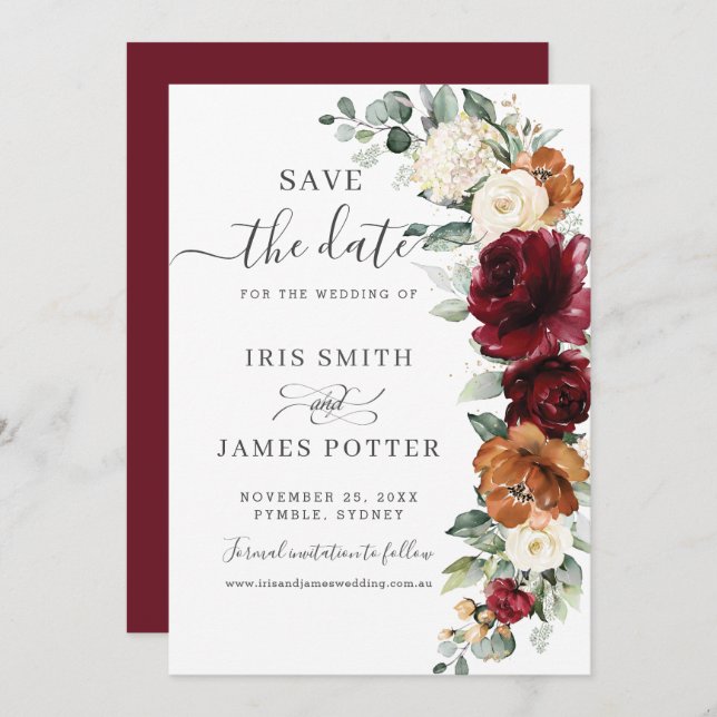 Rustic Burgundy Burnt Orange Ivory Floral Wedding  Spara Datumet (Fram/baksida)