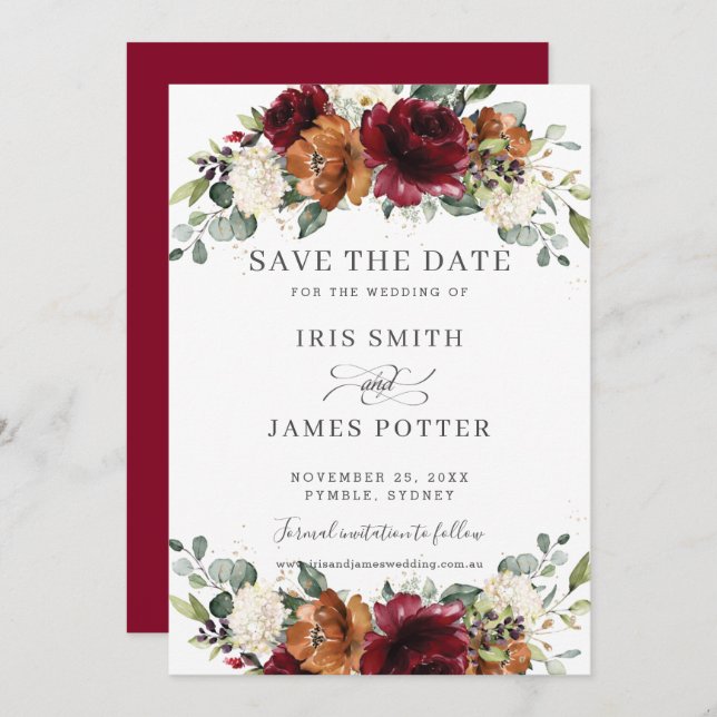 Rustic Burgundy Burnt Orange Ivory Floral Wedding Spara Datumet (Fram/baksida)
