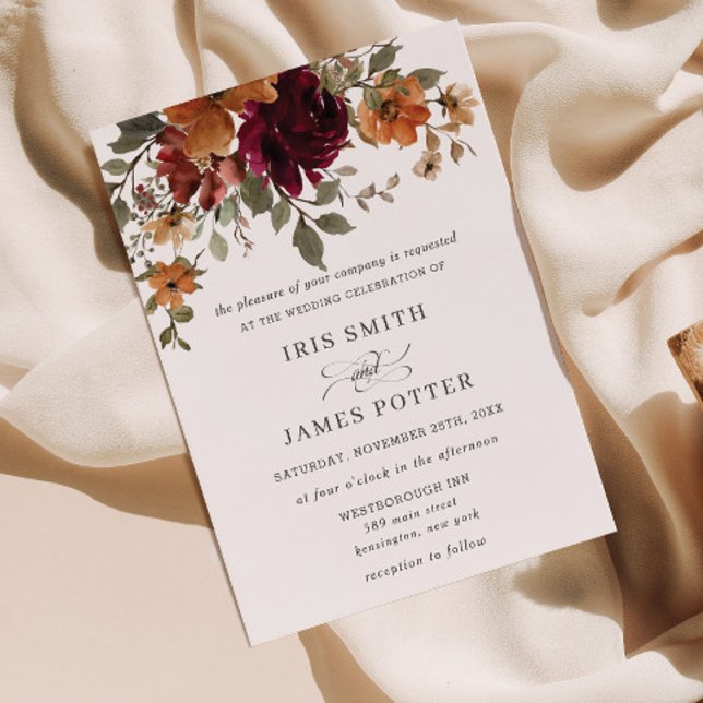 Rustic Burgundy Burnt Orange Rust Blommigt Bröllop Inbjudningar (rustic burgundy rust burnt orange floral fall autumn wedding invitation cards printed digital file)