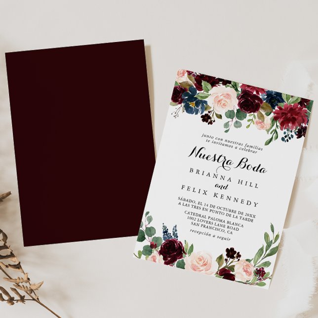 Rustic Burgundy Calligraphy Nuestra Boda Bröllop Inbjudningar (Skapare uppladdad)