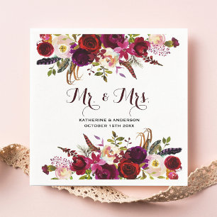 Rustic Burgundy Chic Blommigt Mr. och Mrs. Bröllop Pappersservett