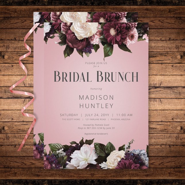 Rustic Burgundy Cream & Rosa Blommigt Möhippa Brun Inbjudningar (Rustic Burgundy Cream & Pink Floral Bridal Brunch Invitation)